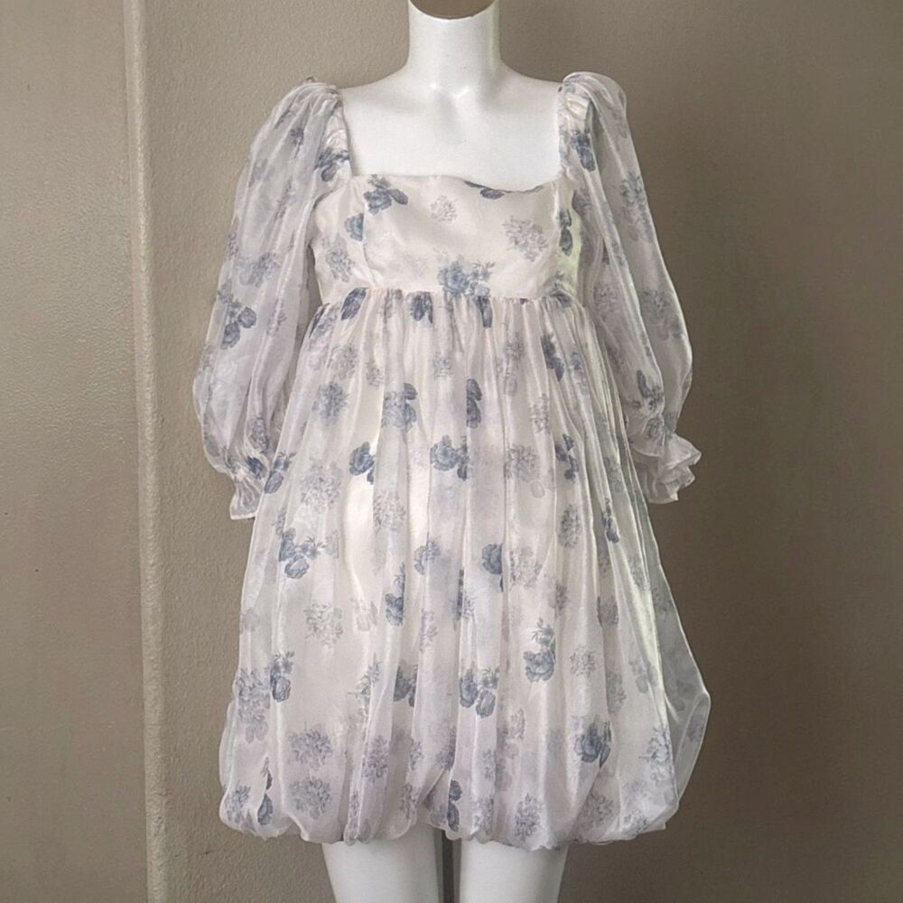 Sophie The Label White Smocked Lace Mini Dress Sheer Long Sleeve Ruffle S